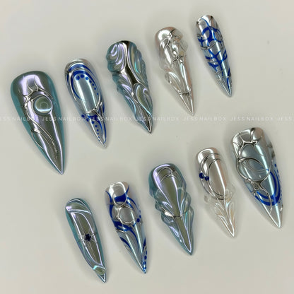 Cyber Ice Queen Aurora - Dark Futuristic Stiletto Press-on Nails