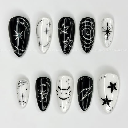 Y2K Silly Cyber Cat - Playful Grunge Metallic Handmade Press-on Nails