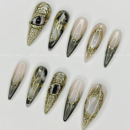 Draconic - Handcrafted 3D Gold Dragon Eye and Metallic Chrome Press-On Nail Set Displayed at a Flat Lay Angle