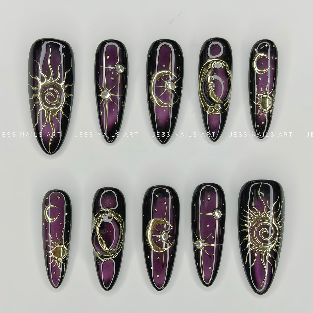 Night Sky - Y2K Collection Deep Purple Cat-Eye and Black Stiletto Press-On Nails with 3D Gold Celestial Sun, Moon, and Star Motifs