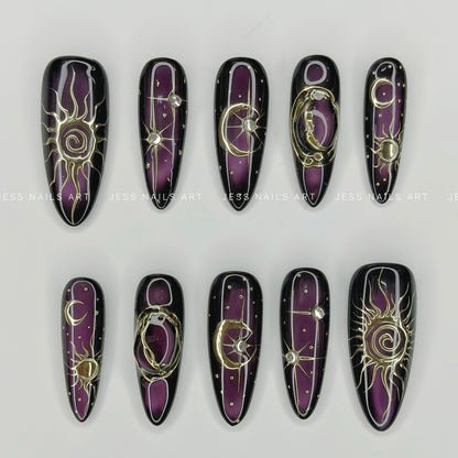 Night Sky - Y2K Collection Deep Purple Cat-Eye and Black Stiletto Press-On Nails with 3D Gold Celestial Sun, Moon, and Star Motifs