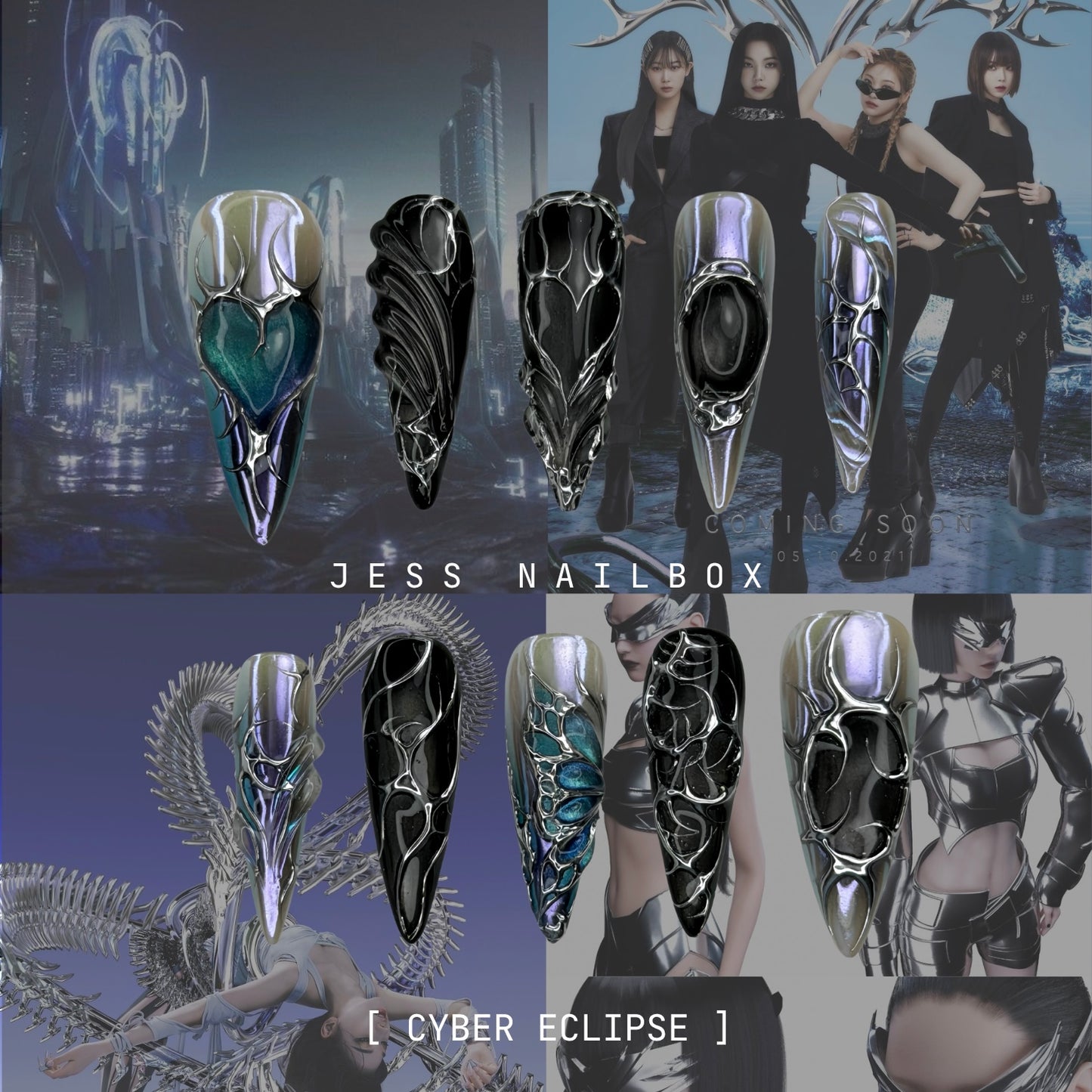 Cyber Eclipse Silver Chrome - Dark Futuristic Handmade Press-on Nails