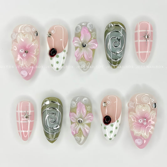 Botanical Coquette - Pink Plaid and Sage Green Press-On Nails with 3D Sculpted Flowers and Droplets