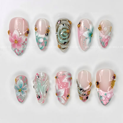 Blooming Sea - Pastel Pink and Mint Green Press-On Nails with 3D Gel Sculpted Flowers, Gold Chrome Swirls, and Water Ripple Gel Drops