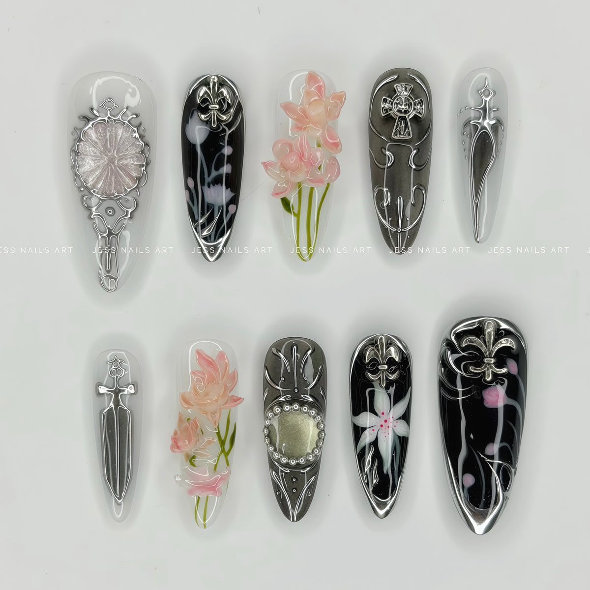 Obsidian Bloom - Florals Collection 3D Translucent Pink Sculpted Floral and Silver Gothic Dagger Press-On Nails