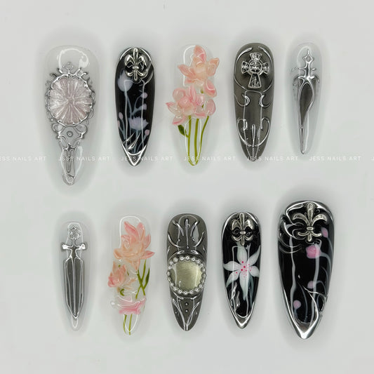 Obsidian Bloom - Florals Collection 3D Translucent Pink Sculpted Floral and Silver Gothic Dagger Press-On Nails