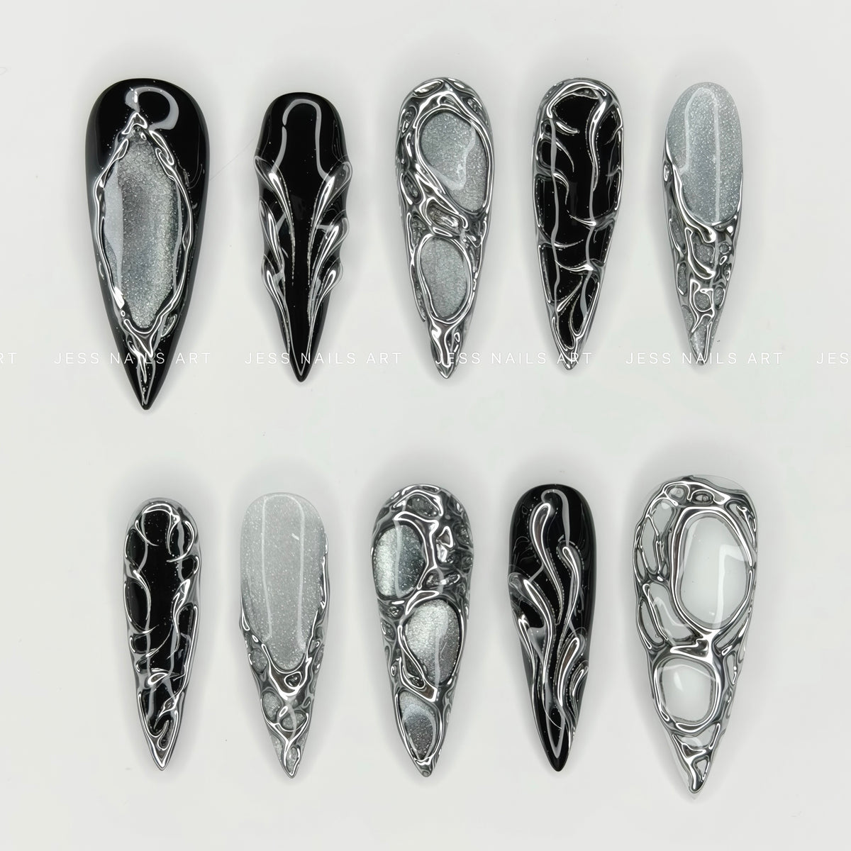 Chrome Relic - Y2K Collection Metallic Liquid Silver Chrome and Silver Cat-Eye Press-On Nails on Black Base