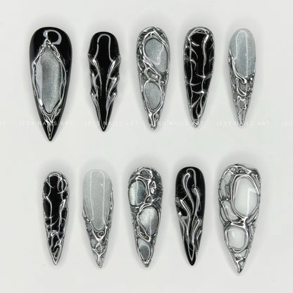 Chrome Relic - Y2K Collection Metallic Liquid Silver Chrome and Silver Cat-Eye Press-On Nails on Black Base