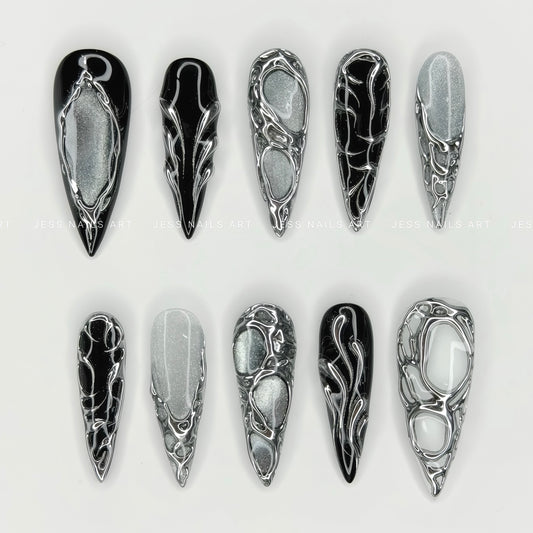 Chrome Relic - Y2K Collection Metallic Liquid Silver Chrome and Silver Cat-Eye Press-On Nails on Black Base