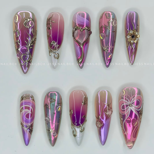 Crystal Harmony Celestial Chrome Stiletto Nails - Y2K Magic Handmade Press-on Nails