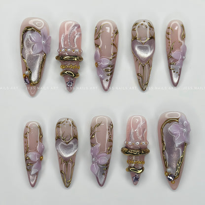 Violet Reverie - Handcrafted 3D Sculpted Violet Floral Press-On Nails with Royal Gold Chrome and Lavender Cat-Eye Accents
