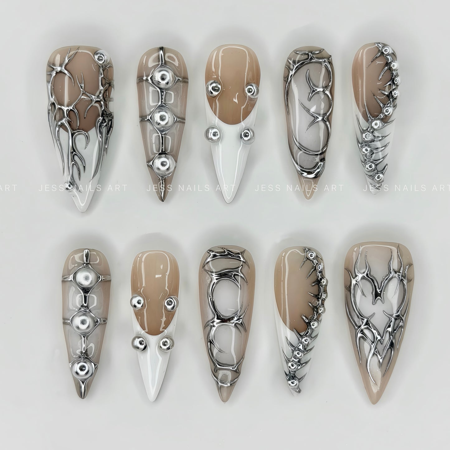 Nude System - Futuristic Nude Press-On Nails with 3D Silver Cyber Chrome, Tribal Liquid Metal Lines, and Sphere Studs