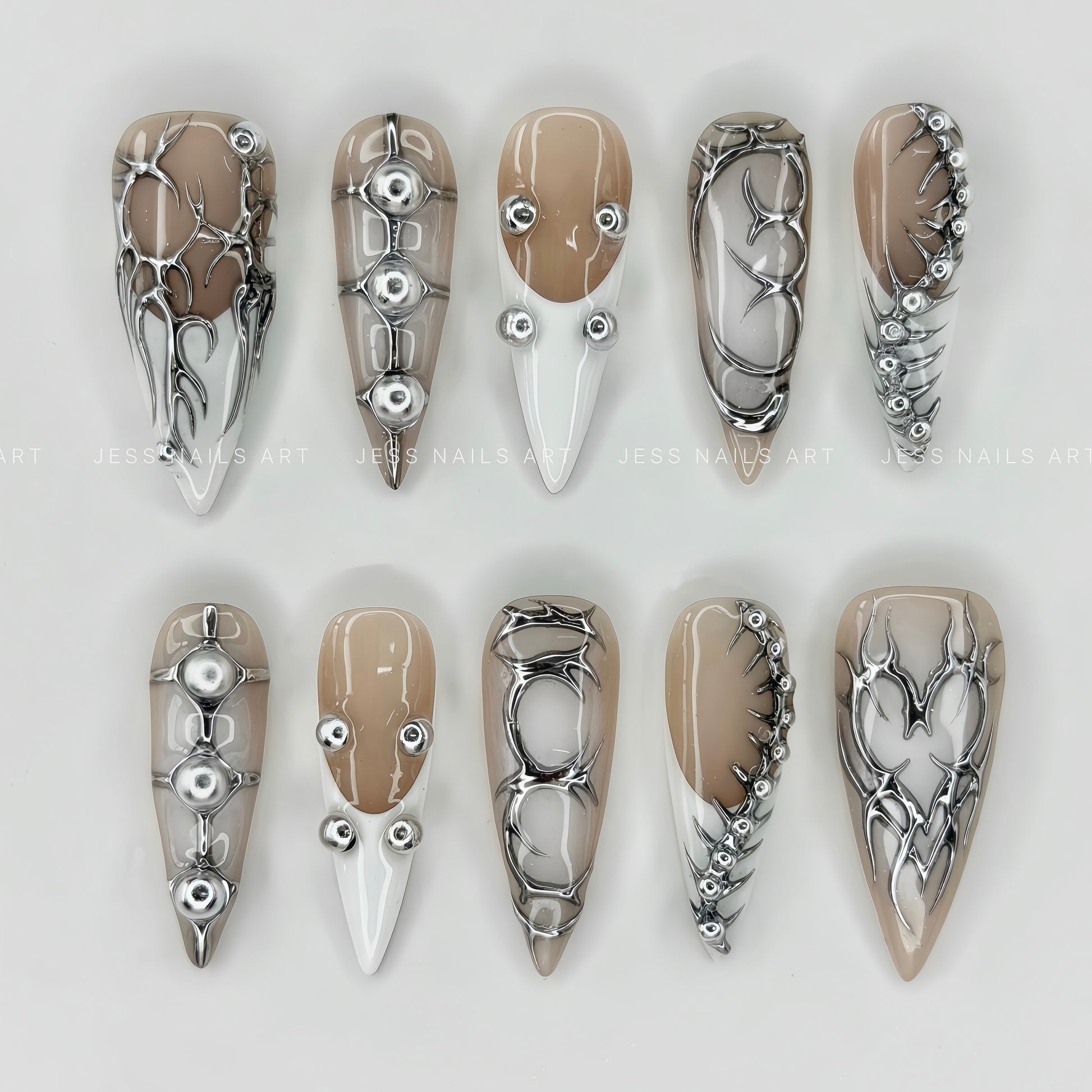 Nude System - Futuristic Nude Press-On Nails with 3D Silver Cyber Chrome, Tribal Liquid Metal Lines, and Sphere Studs