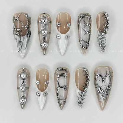 Nude System - Futuristic Nude Press-On Nails with 3D Silver Cyber Chrome, Tribal Liquid Metal Lines, and Sphere Studs