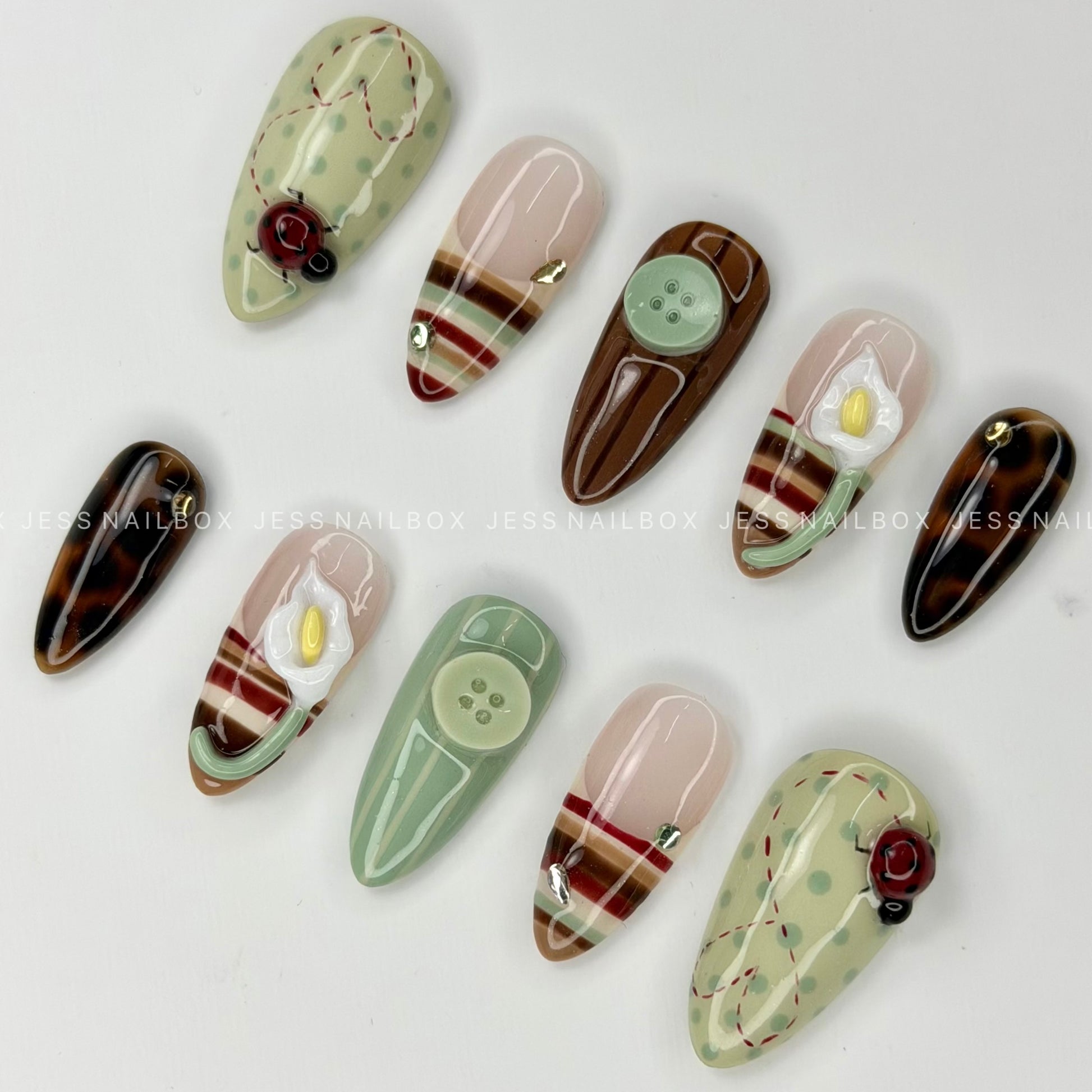 Woodland Calla - Handcrafted Cottagecore Gel Press-On Nails Set with Retro Buttons and Striped French Accent