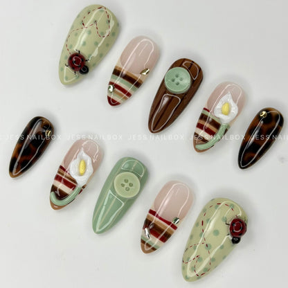 Woodland Calla - Handcrafted Cottagecore Gel Press-On Nails Set with Retro Buttons and Striped French Accent