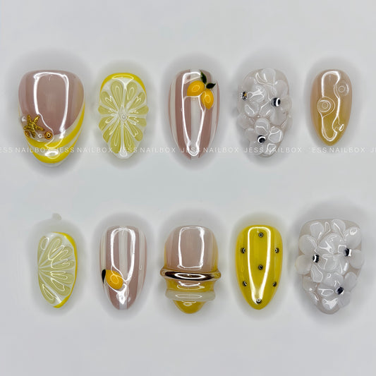 Summer Zest Lemonade 3D Floral Nails - Tropical Citrus Handmade Press-on Nails