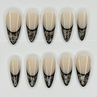 Noir Lace - Nude Beige Press-On Nails with Intricate Handcrafted Black Floral Lace French Tips