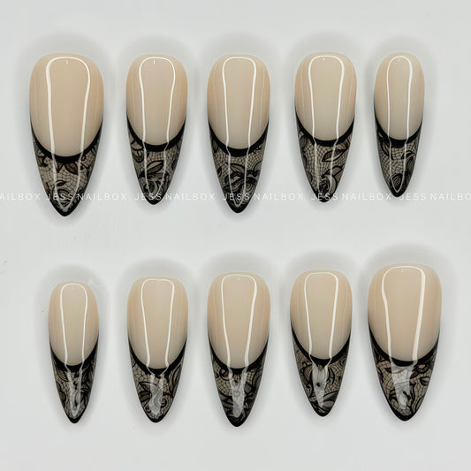 Noir Lace - Nude Beige Press-On Nails with Intricate Handcrafted Black Floral Lace French Tips