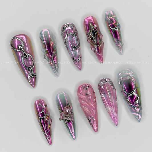 Blush & Onyx Futuristic Armor Nails - Y2K Cyberpunk Handmade Press-on Nails
