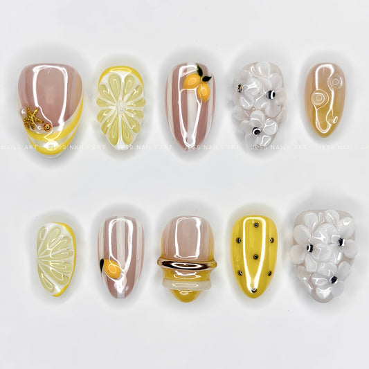 Summer Zest Lemonade - Vibrant Yellow Press-On Nails with 3D Lemon Slice Slice Texture, White Blossom Sculptures, and Striped Art