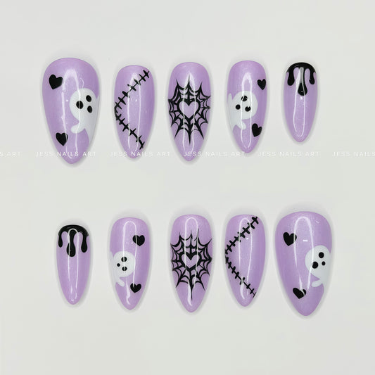 Boo Babe - Spooky Season Collection Pastel Purple Shimmer Press-On Nails with Cute Ghosts and Black Heart Spiderwebs