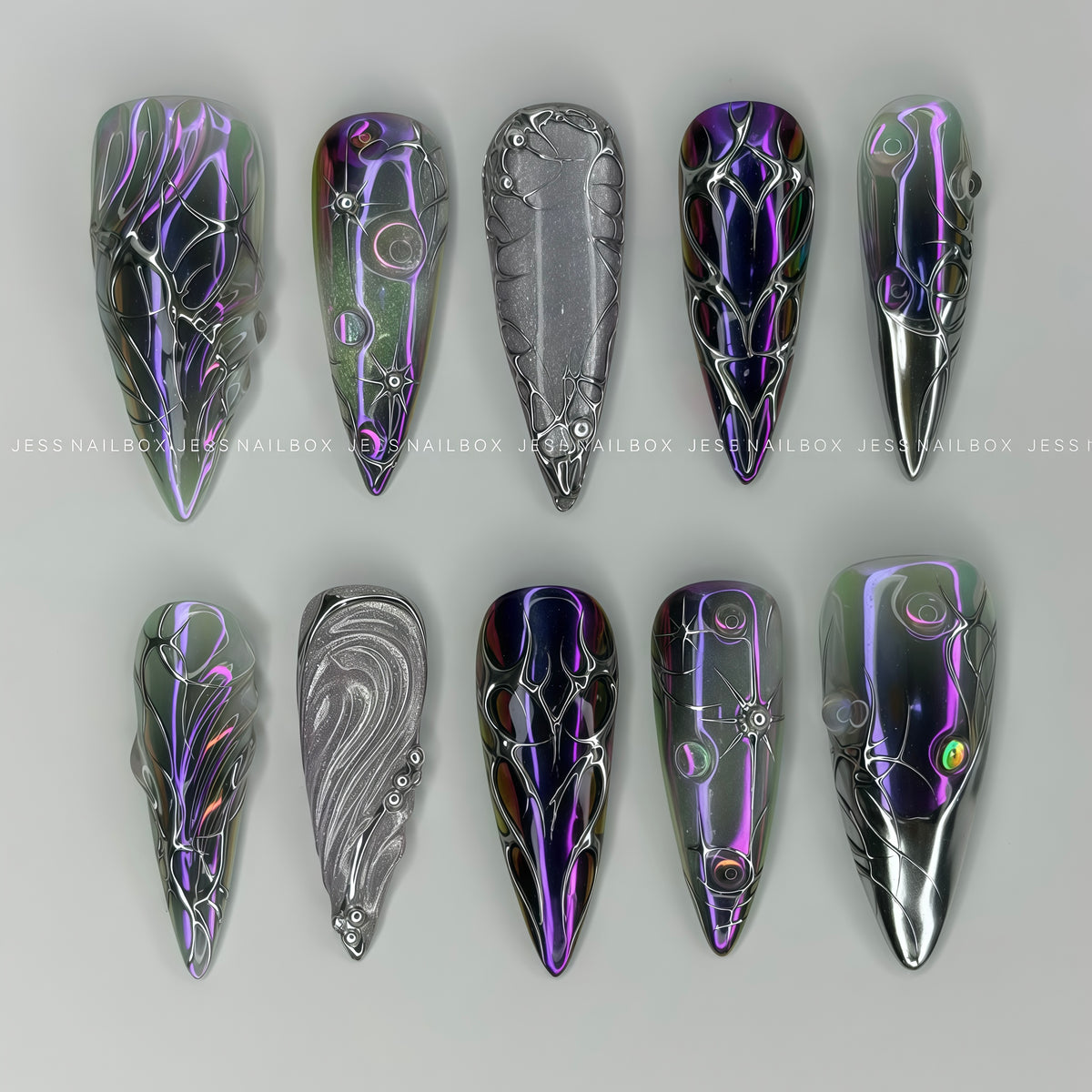 Void Protocol - Futuristic Collection Deep Purple Holographic Chrome Press-On Nails with Silver Liquid Metal Webbing, Metallic Waves, and Bubble Droplets