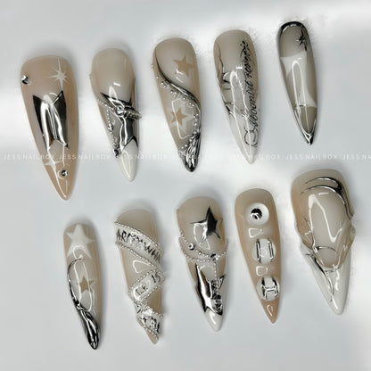 Beyond The Stars - Handcrafted Kpop Inspired Press-On Nails Set with Futuristic Silver Lines and Lettering Accent