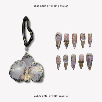 Elysia Duo - Luxury Set Featuring Cyber Petal Pearlescent Resin Orchid Charm and Violet Reverie 3D Floral Press-On Nails
