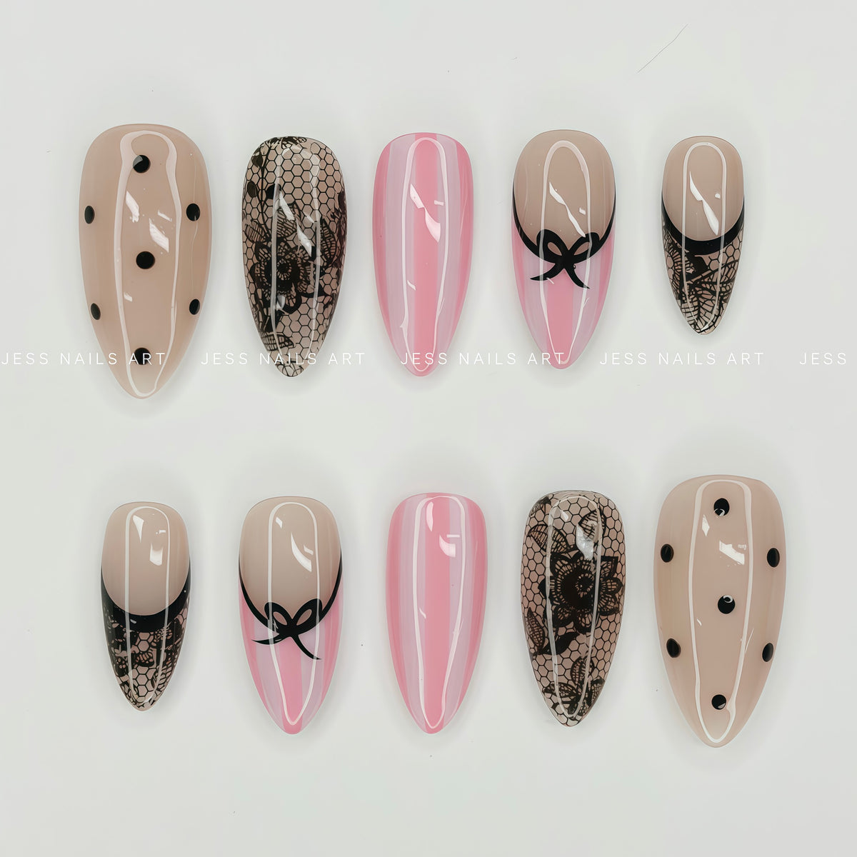 Dot Crush - The Dot Edit Collection Nude and Soft Pink Press-On Nails with Black Polka Dots, Vintage Floral Net Lace, and Pink Candy Stripes