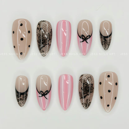 Dot Crush - The Dot Edit Collection Nude and Soft Pink Press-On Nails with Black Polka Dots, Vintage Floral Net Lace, and Pink Candy Stripes