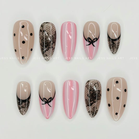 Dot Crush - The Dot Edit Collection Nude and Soft Pink Press-On Nails with Black Polka Dots, Vintage Floral Net Lace, and Pink Candy Stripes