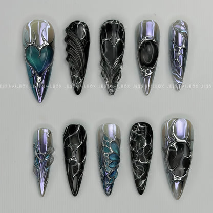Cyber Eclipse Silver Chrome - Dark Futuristic Handmade Press-on Nails