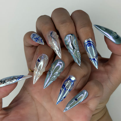 Cyber Ice Queen Aurora - Dark Futuristic Stiletto Press-on Nails