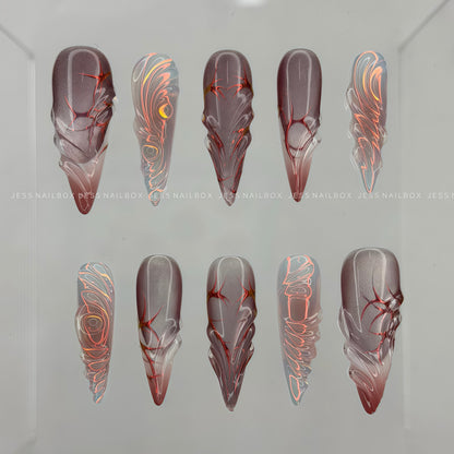 Neon Blood Sigil Goth - Cyber Sigilism Cat-Eye 3D Gel Handmade Press-on Nails