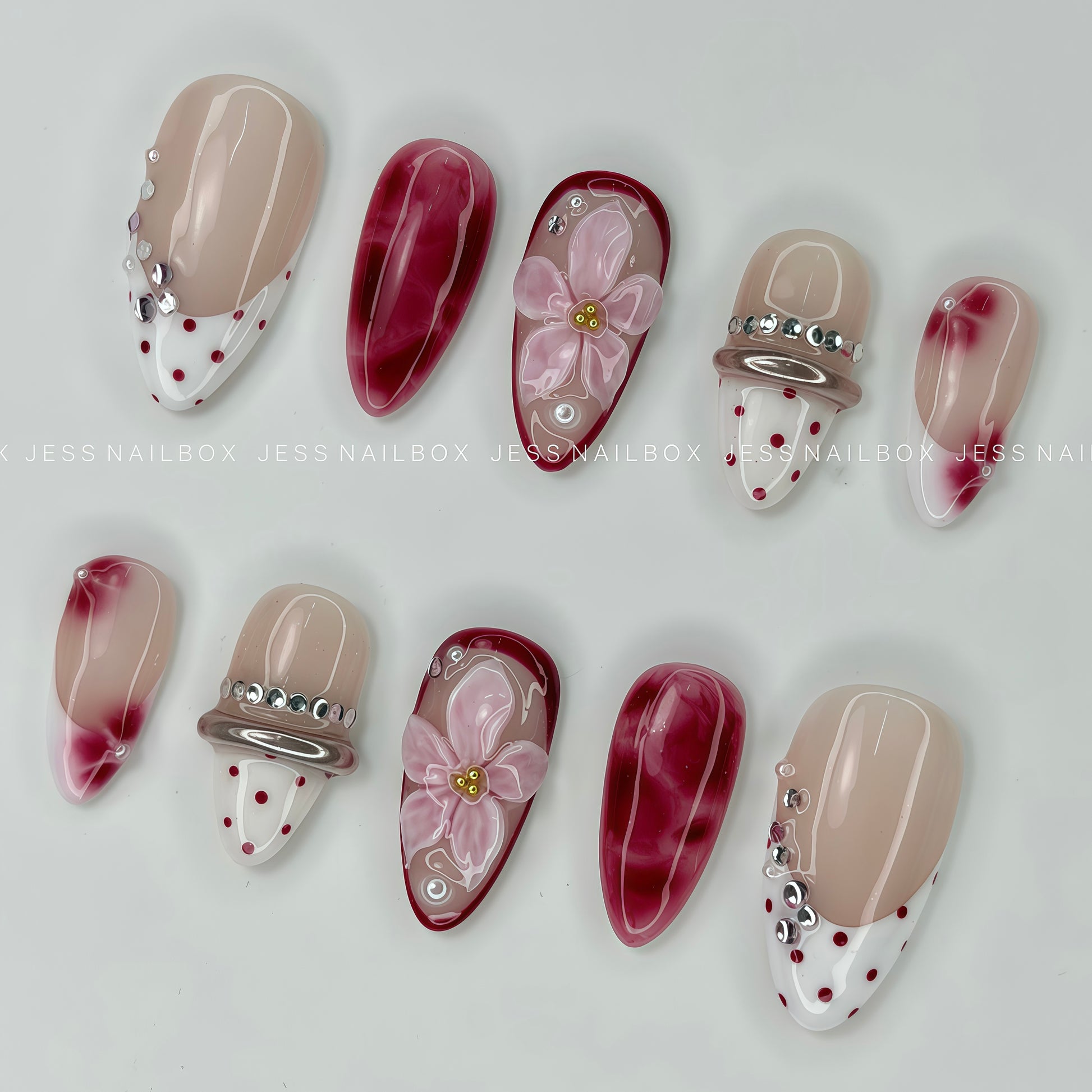 Bordeaux Flora - Handcrafted Luxury French Tip Press-On Nails Set with Red Polka Dots and Gem Accents