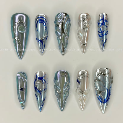 Cyber Ice Queen Aurora - Dark Futuristic Stiletto Press-on Nails