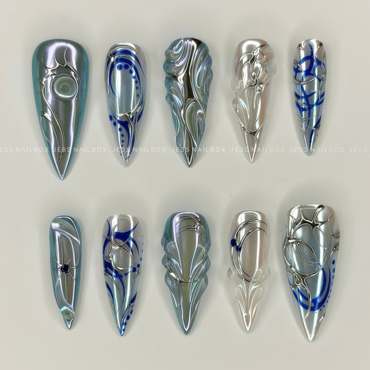 Cyber Ice Queen Aurora - Dark Futuristic Stiletto Press-on Nails