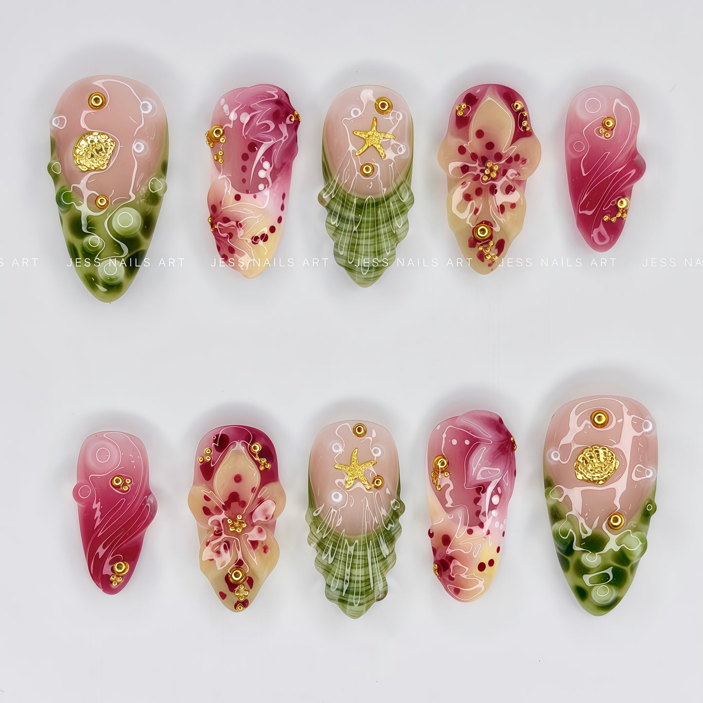 Tropical Fiesta - Rich Dragon Fruit Magenta and Olive Palm Press-On Nails with 3D Sculpted Hibiscus Flower and Gold Seashell Charms