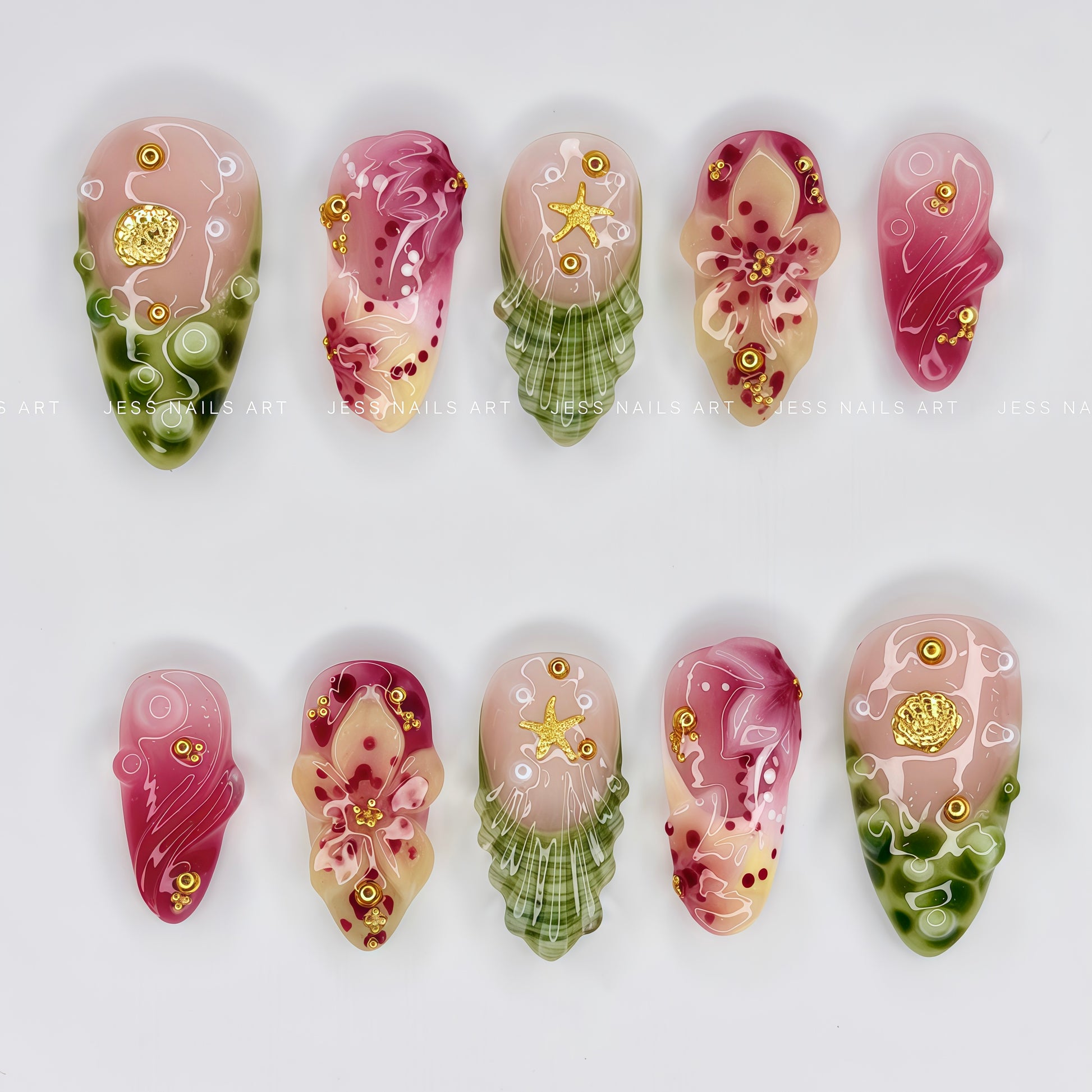 Tropical Fiesta - Rich Dragon Fruit Magenta and Olive Palm Press-On Nails with 3D Sculpted Hibiscus Flower and Gold Seashell Charms