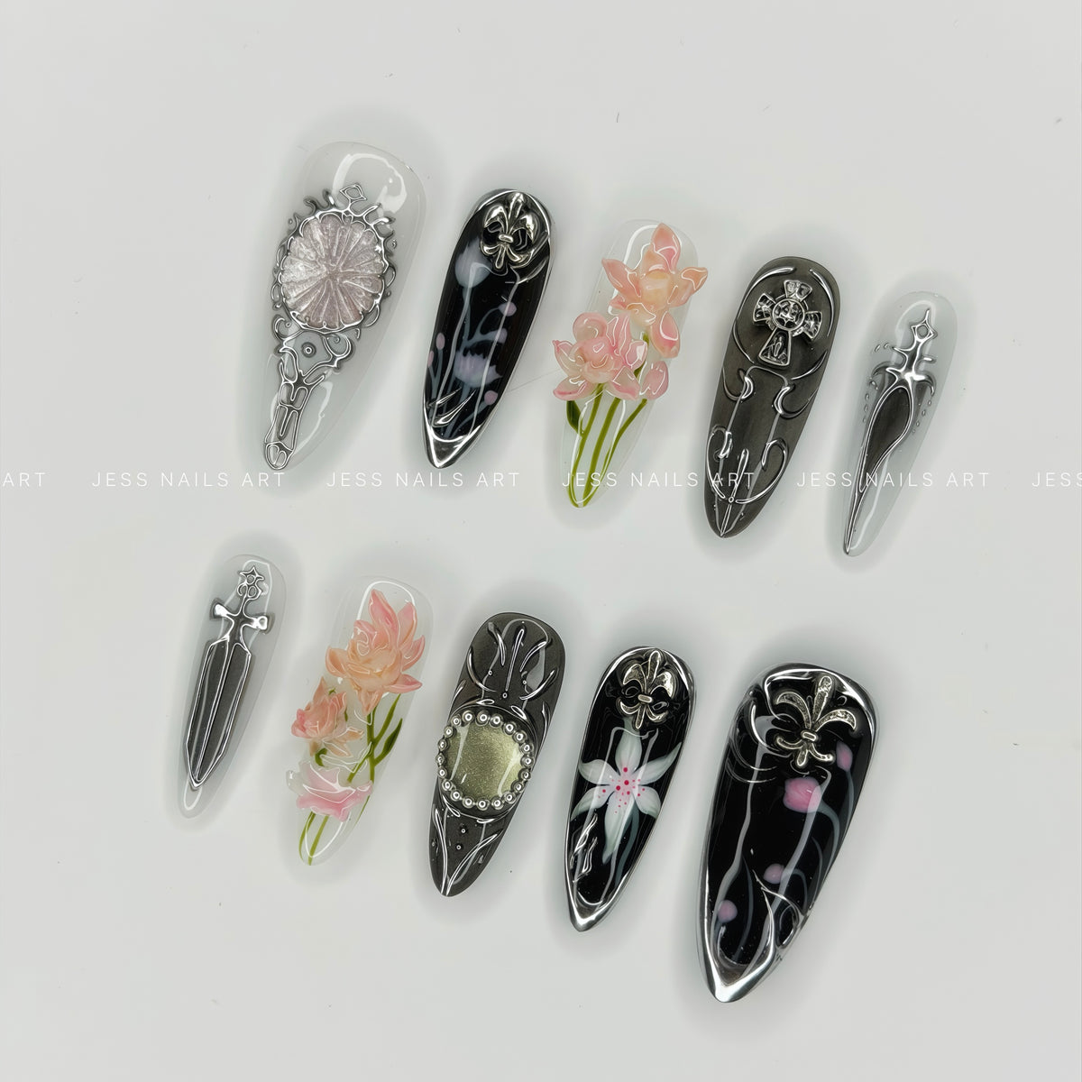 Obsidian Bloom - Handcrafted Black and Smoky Grey Gothic Press-On Nails with Vintage Mirror and 3D Chrome Cross