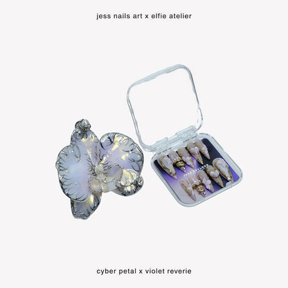 Elysia Duo - Handcrafted Opaline White Resin Orchid Charm Displayed Beside Violet Reverie Press-On Nails in Clear Packaging Box