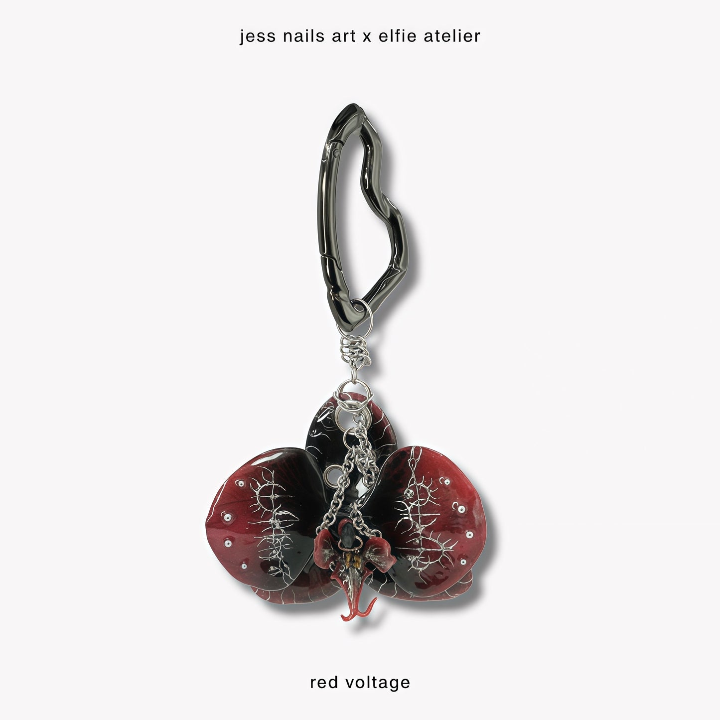 Red Voltage - Handcrafted Dark Gothic Orchid Bag Charm with 3D Silver Chrome Linework and Chains