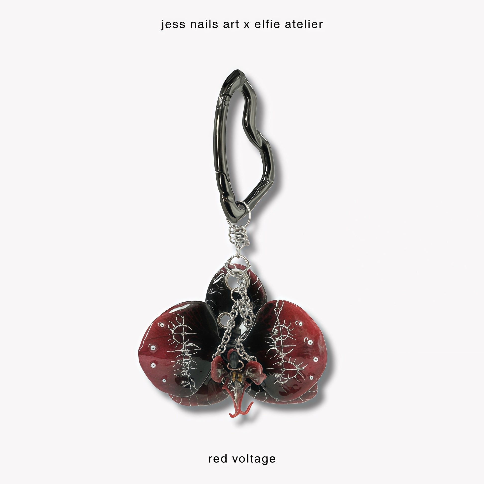 Red Voltage - Handcrafted Dark Gothic Orchid Bag Charm with 3D Silver Chrome Linework and Chains