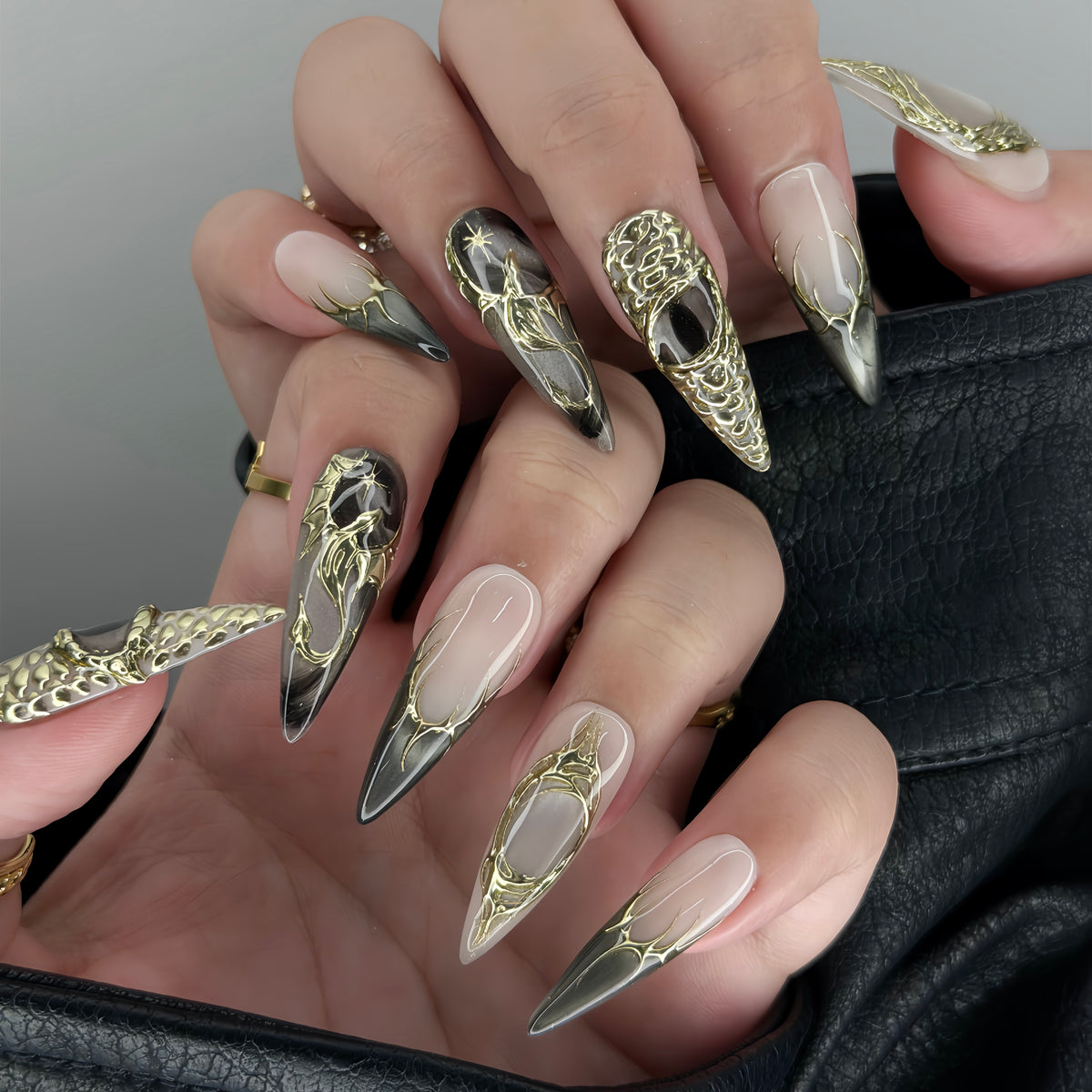 Draconic - High-Fashion Y2K Gold Chrome Dragon Scale Press-On Nails Worn on Hand Close-Up