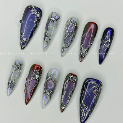 New Era - Handcrafted Cyberpunk Multicoloured Cat-Eye and Liquid Silver Chrome Press-On Nail Set Displayed at an Angle