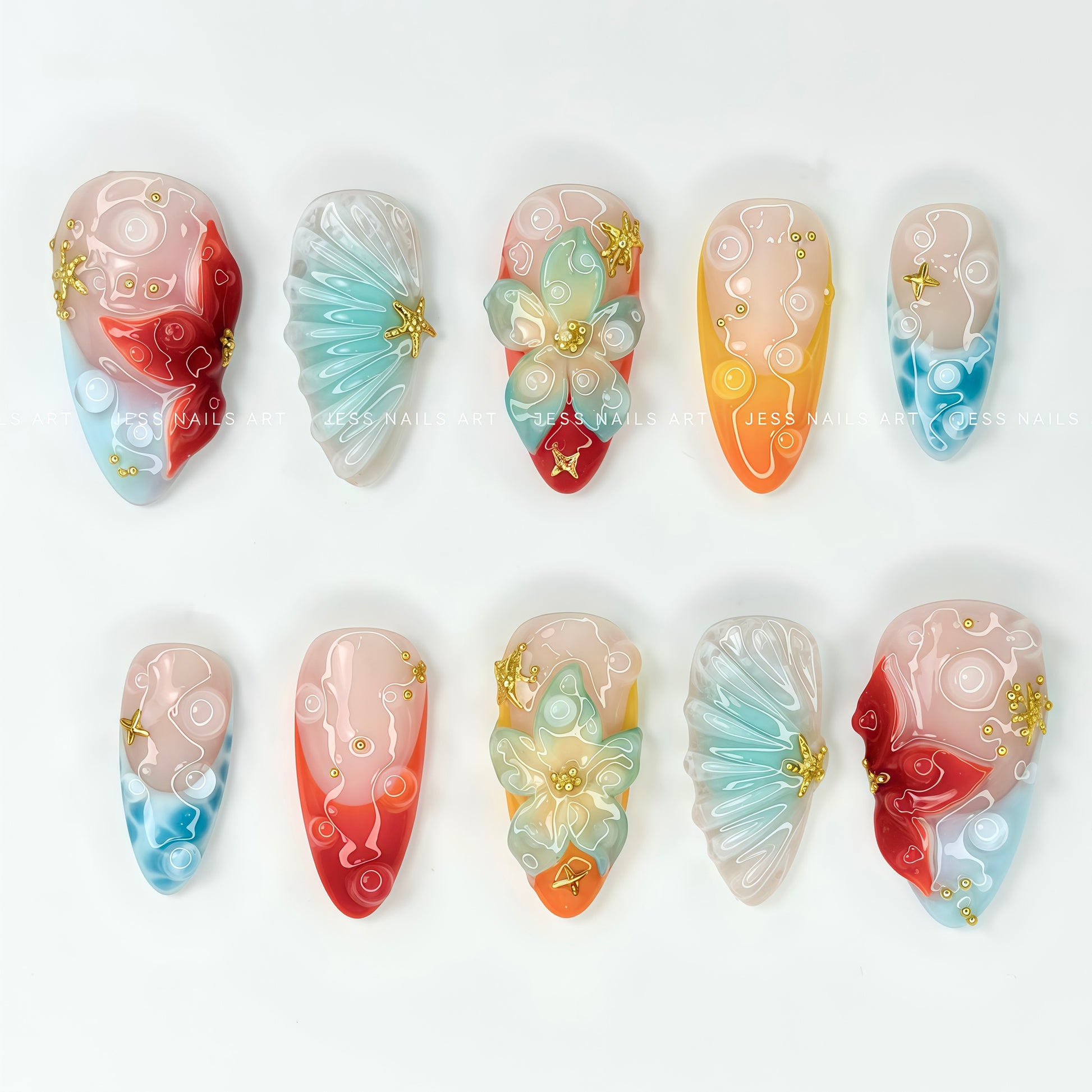 Ocean Pop - Vibrant Coastal Handcrafted Press-On Nails Styled Against Tropical Beach and Poolside Backgrounds