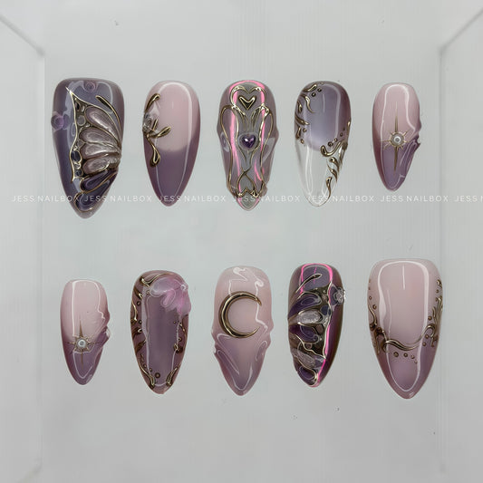 Cosmic Aurora Mariposa - Celestial Fairycore 3D Butterfly Handmade Press-on Nails