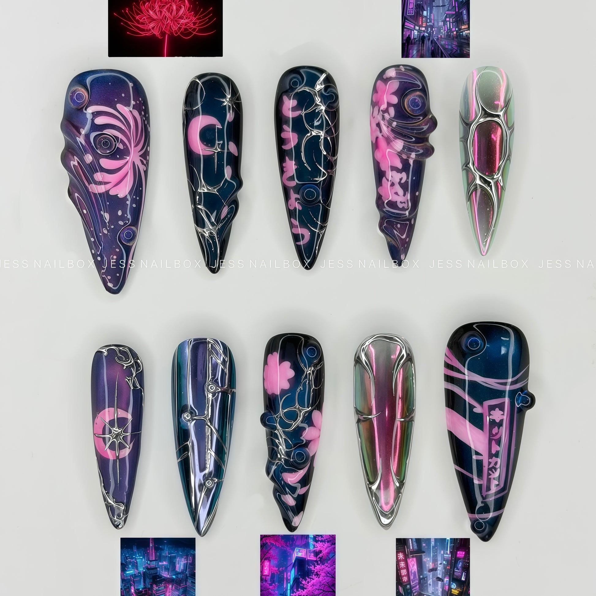 Jess Nailbox Neon Netrunner Cyberpunk Press-On Nails with Liquid Metal Filigree and Neon Sakura Art⁠