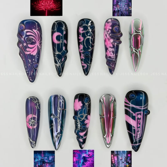 Jess Nailbox Neon Netrunner Cyberpunk Press-On Nails with Liquid Metal Filigree and Neon Sakura Art⁠